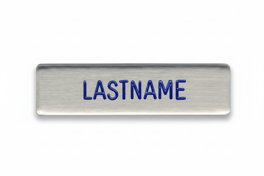 Air Force Brushed Steel Name Plates with silver brushed metal finish, rounded edges, and blue engraved LASTNAME text