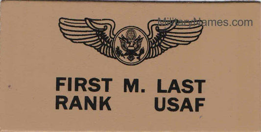 Air Force Tan Leather Badges featuring a black winged eagle insignia and customizable name and rank lettering