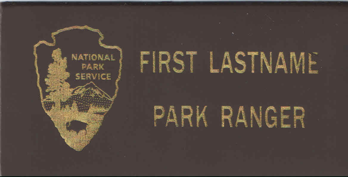 Novelty Brown Leather Badges with a dark brown rectangular leather surface, gold park ranger emblem and name lettering
