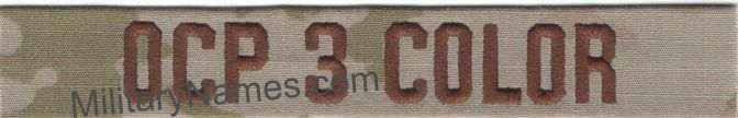 OCP 3-Color Name Tapes in tan camouflage fabric with Spice Brown embroidered lettering and hook backing
