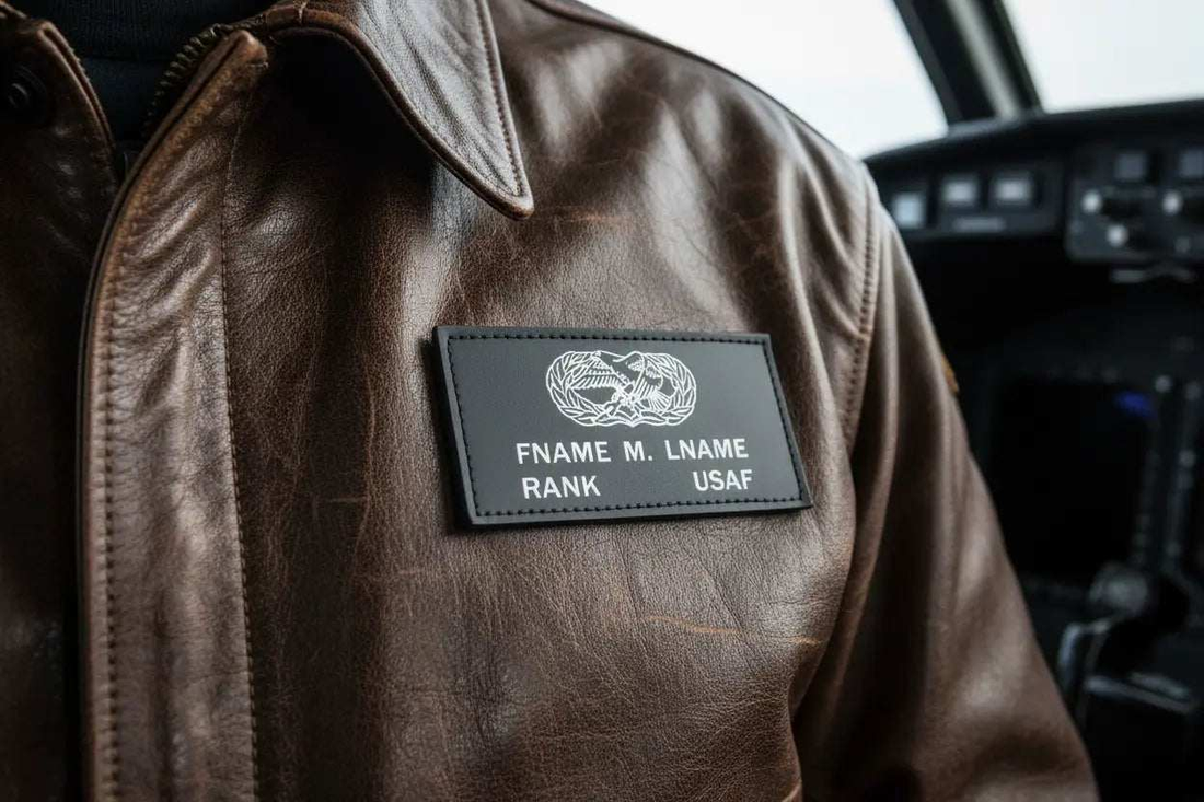 Brown leather flight jacket with a rectangular black name badge and white aviation emblem, leather flight badges, a-2 jackets