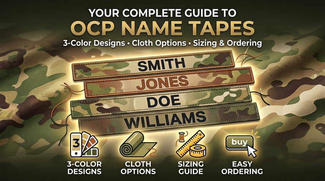 OCP name tapes guide graphic with camouflage-patterned labels in tan, green and brown, showing black and brown names and icons for sizing and ordering
