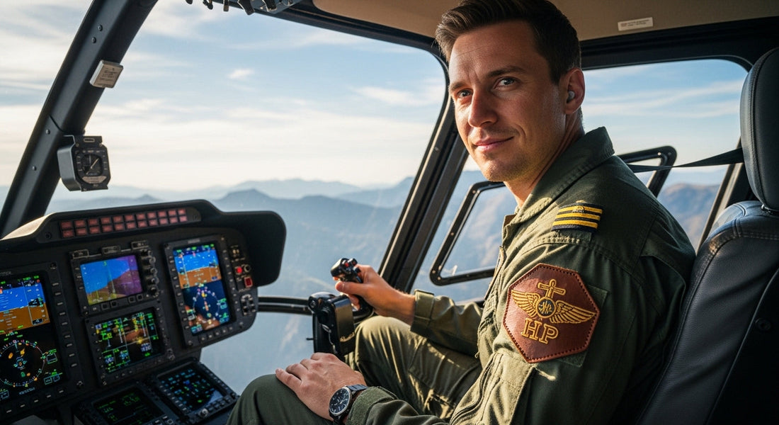 Pilot uniform with a brown leather aviation badge featuring gold wings and insignia, illustrating police and emt leather flight badges.