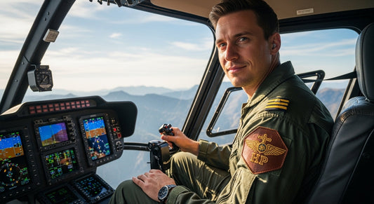 Pilot uniform with a brown leather aviation badge featuring gold wings and insignia, illustrating police and emt leather flight badges.