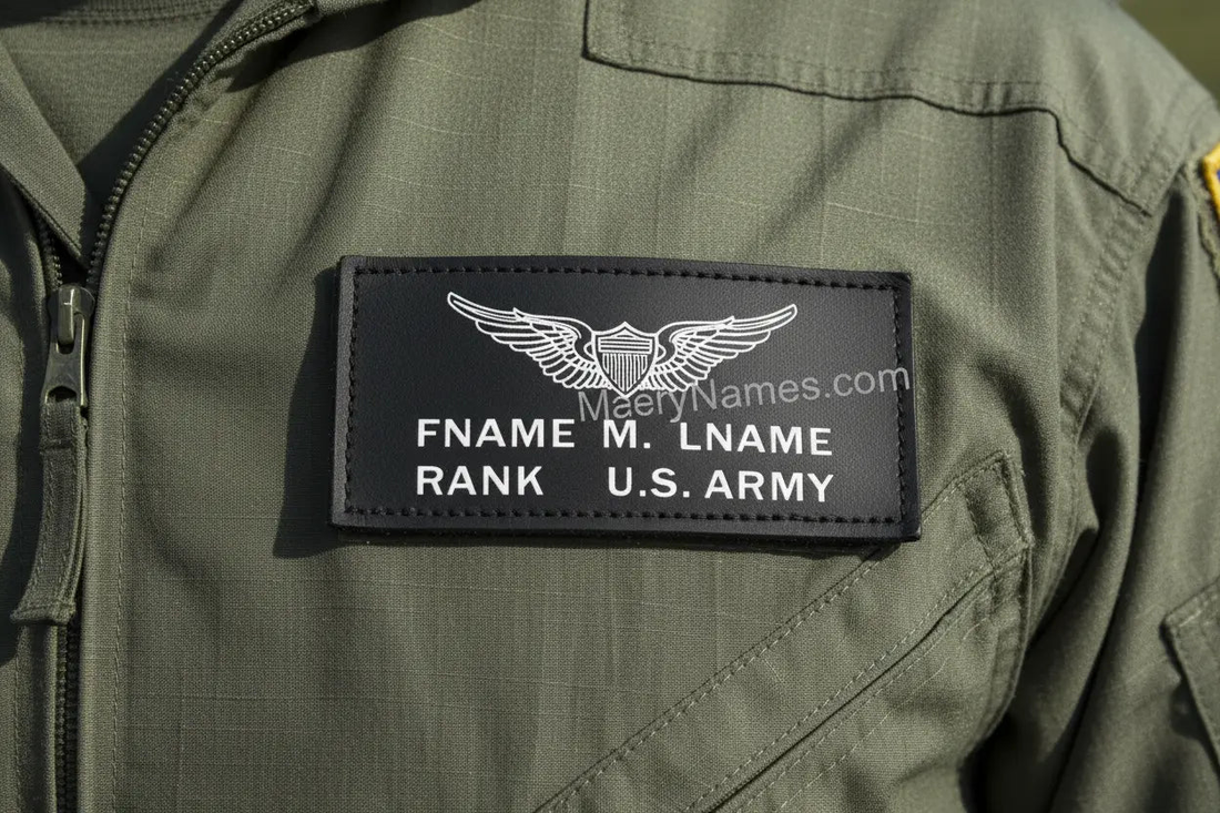 Military uniform name patch, black fabric with white embroidered U.S. Army wings and customizable name and rank; flight suit tags, Leather flight badges