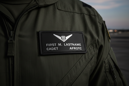 AFJROTC Black Leather Badges featuring a black rectangular leather cadet name badge with silver insignia and lettering