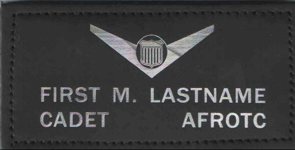 AFJROTC Black Leather Badges featuring silver winged shield insignia and personalized cadet name lettering