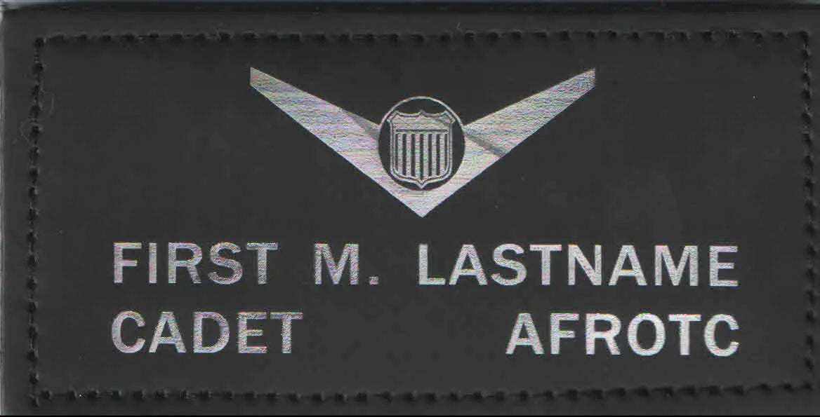 AFJROTC Black Leather Badges featuring silver winged shield insignia and personalized cadet name lettering