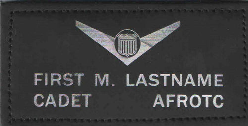 AFJROTC Black Leather Badges featuring silver winged shield insignia and personalized cadet name lettering