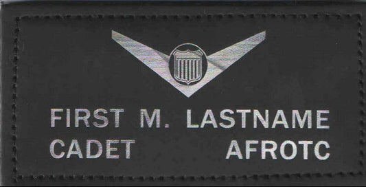 AFJROTC Black Leather Badges featuring silver winged shield insignia and personalized cadet name lettering