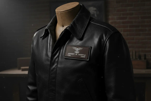 Air Force 2 Logos leather jacket badge in black, featuring two stamped USAF emblems and custom name text