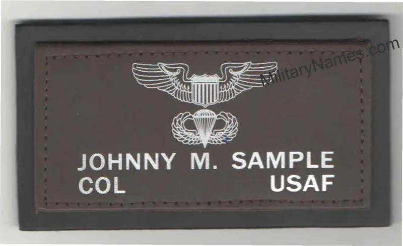 Air Force 2 Logos leather badge in dark brown with two white USAF emblems and personalized name text