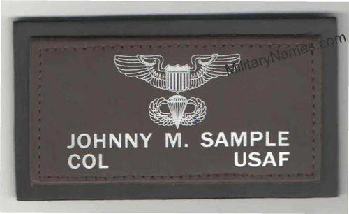 Air Force 2 Logos leather badge in dark brown with two white USAF emblems and personalized name text