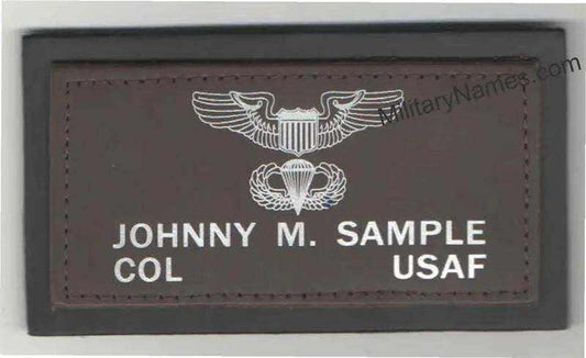 Air Force 2 Logos leather badge in dark brown with two white USAF emblems and personalized name text