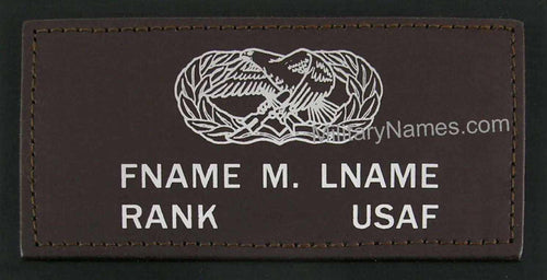 Air Force A-2 Leather Badges in dark brown leather with stitched edges, white eagle insignia and USAF name panel