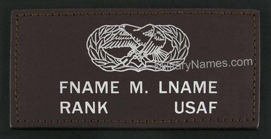 Air Force A-2 Leather Badges in dark brown leather with stitched edges, white eagle insignia and USAF name panel