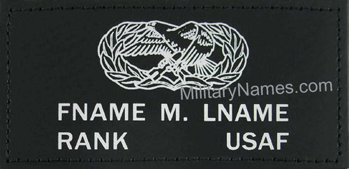 Air Force Black Leather Badges featuring a black stitched leather panel with white eagle insignia and customizable name and rank text