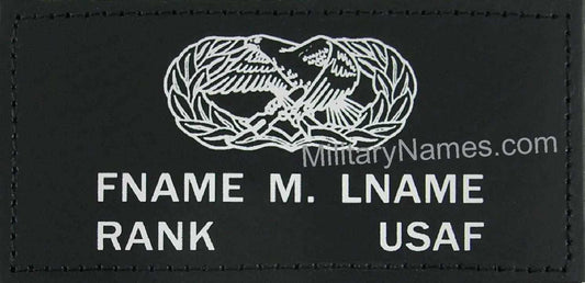 Air Force Black Leather Badges featuring a black stitched leather panel with white eagle insignia and customizable name and rank text