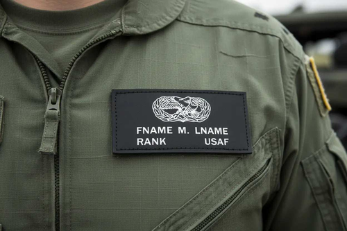 Air Force Black Leather Badges black leather name badge with white winged insignia, embroidered text and stitched edges