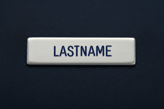 Air Force Brushed Steel Name Plates featuring a rectangular brushed steel finish with crisp blue engraved LASTNAME text