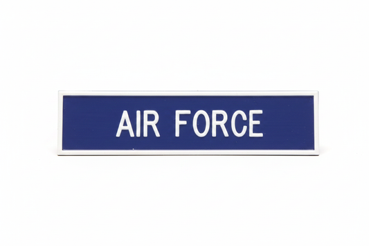 Air Force Plastic Name Plates featuring a navy blue engraved plastic plate with white lettering and beveled edges