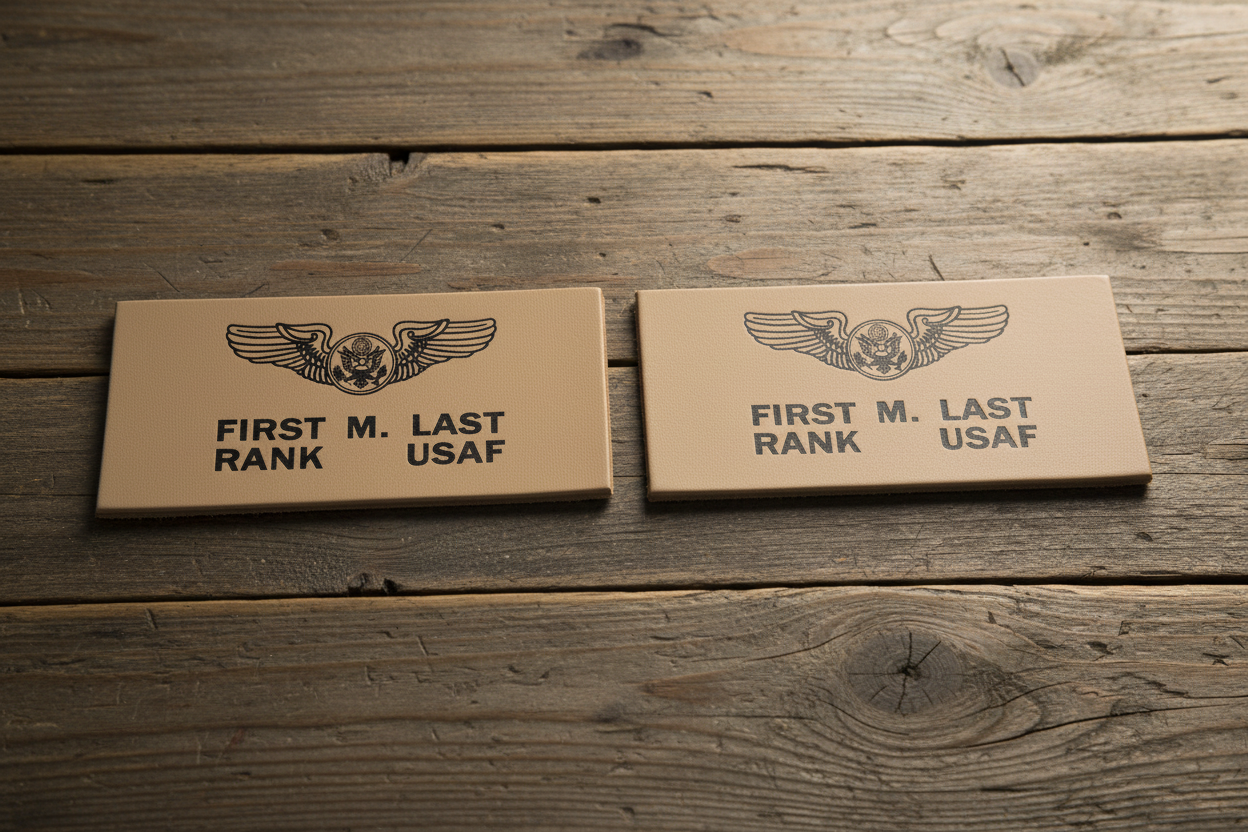 Air Force Tan Leather Badges on Wooden Table