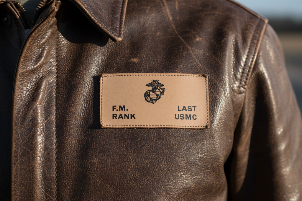 USMC tan leather badge on brown leather pilot jacket — handcrafted military insignia for uniforms and collectors