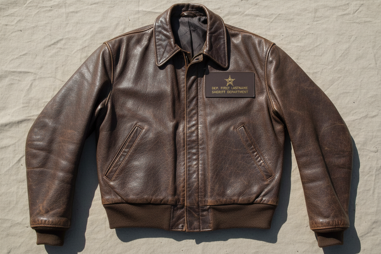 Brown leather Police & EMS badge displayed on a classic brown A-2 flight jacket chest
