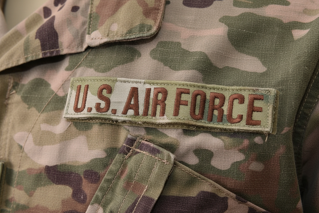 Close-up of U.S. Air Force OCP name tape in Spice Brown embroidery on tan background, shown on OCP MultiCam camouflage uniform blouse, regulation size with hook fastener backing