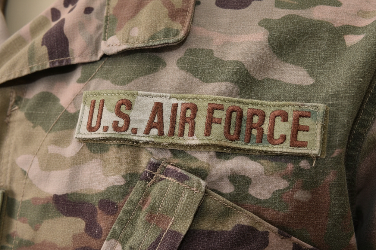 Close-up of U.S. Air Force OCP name tape in Spice Brown embroidery on tan background, shown on OCP MultiCam camouflage uniform blouse, regulation size with hook fastener backing