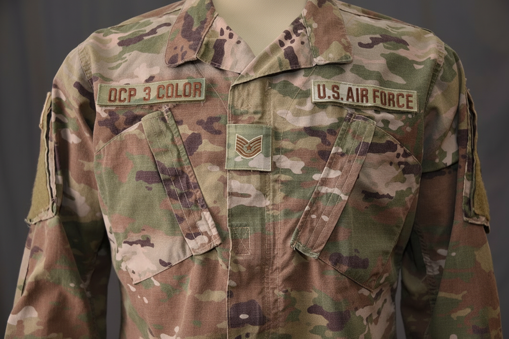 Custom OCP name tape in Spice Brown embroidery on tan background, attached to OCP MultiCam camouflage uniform blouse, regulation size with hook fastener backing
