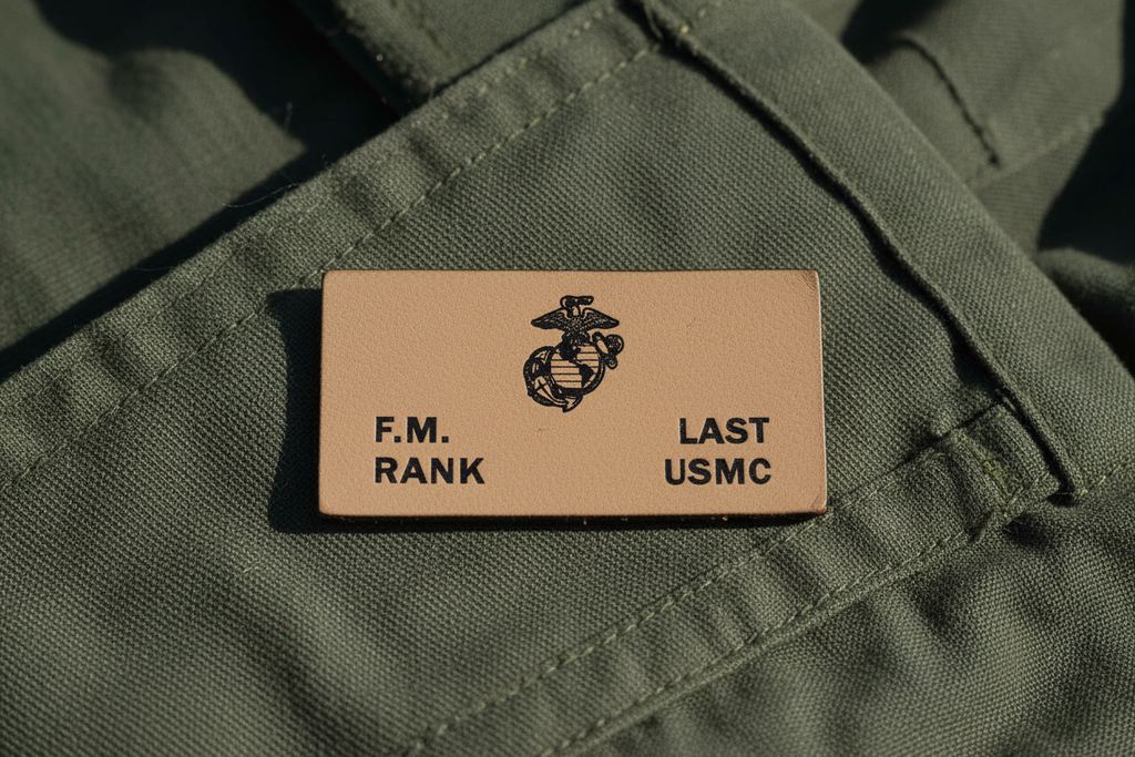 USMC tan leather badge on military flight suit — handcrafted for uniforms and flight suits