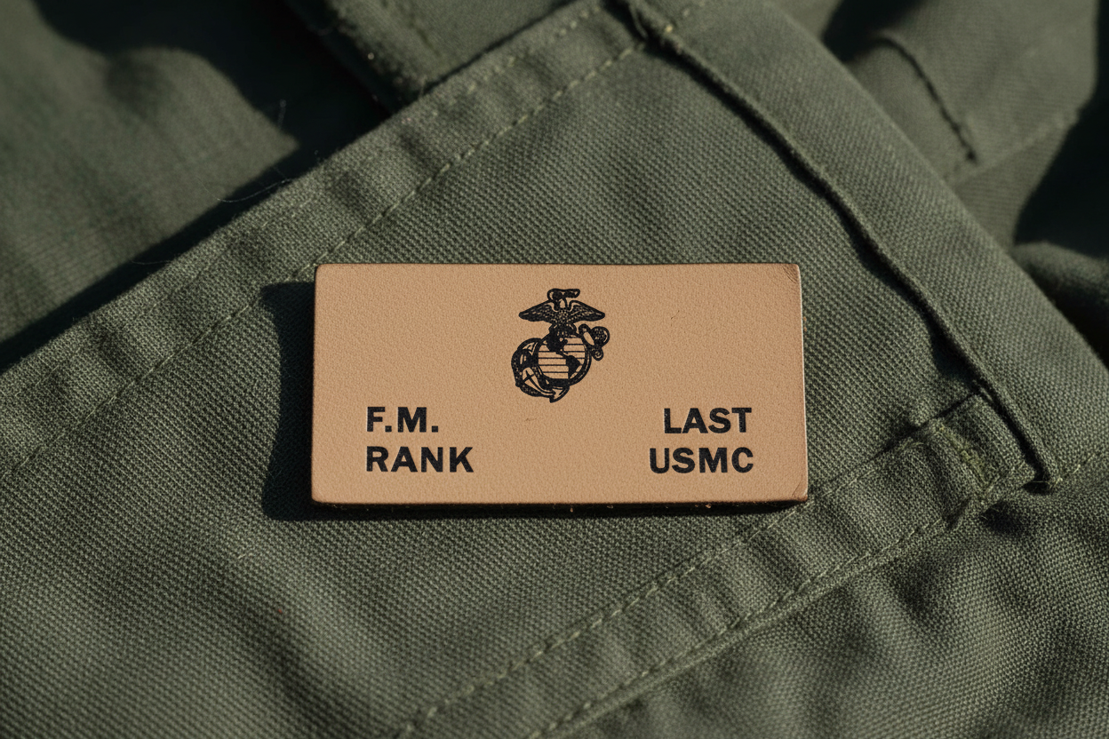 USMC tan leather badge on military flight suit — handcrafted for uniforms and flight suits