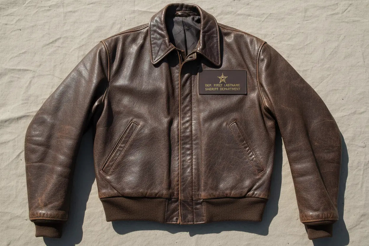 Law & Ems Brown Leather Badges shown on a brown leather flight jacket with a sheriff department chest badge