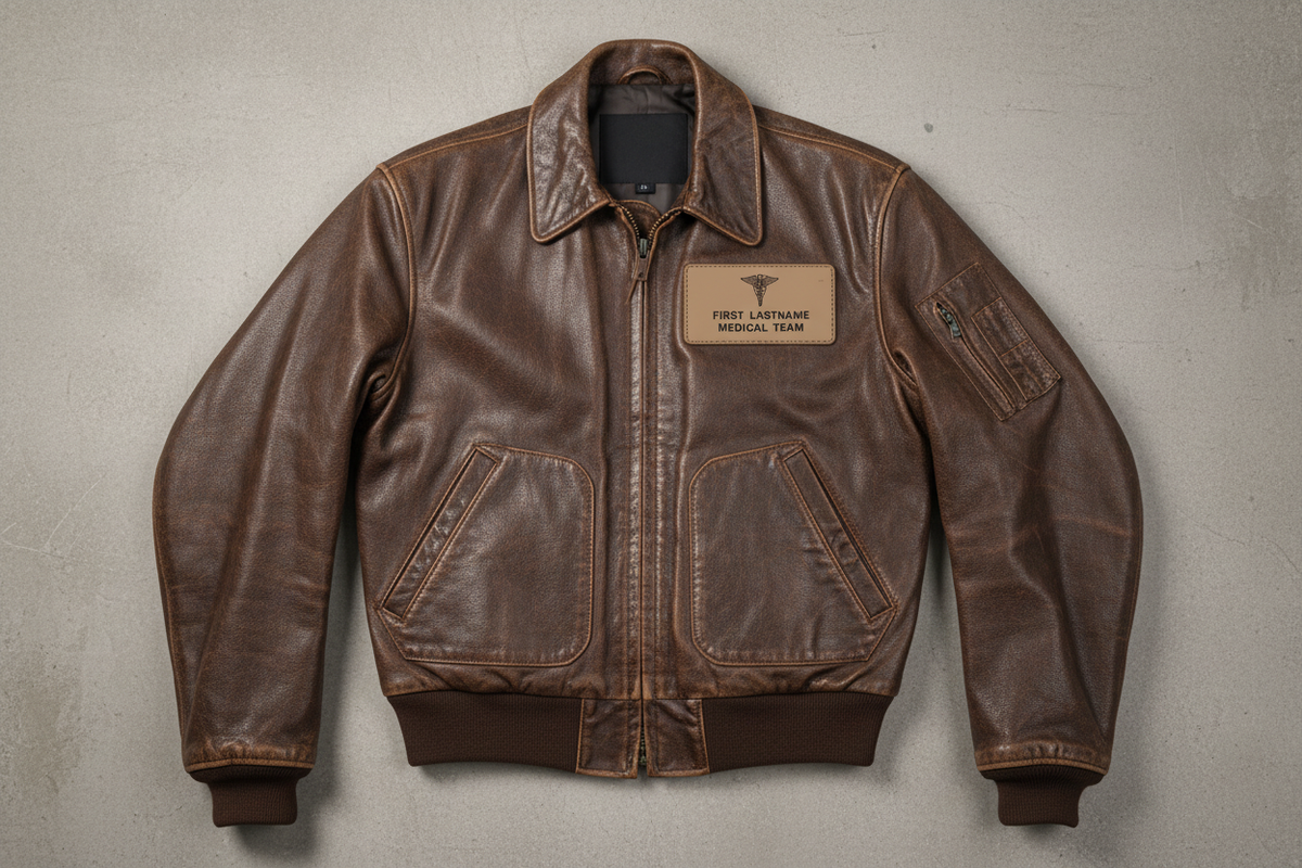 Law & Ems Tan Leather Badges shown on a brown leather flight jacket, featuring a tan medical team name badge