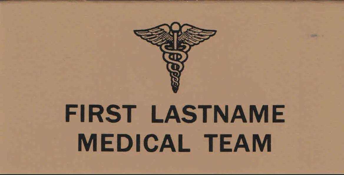 Law & Ems Tan Leather Badges in tan leather with black caduceus emblem and personalised medical team text