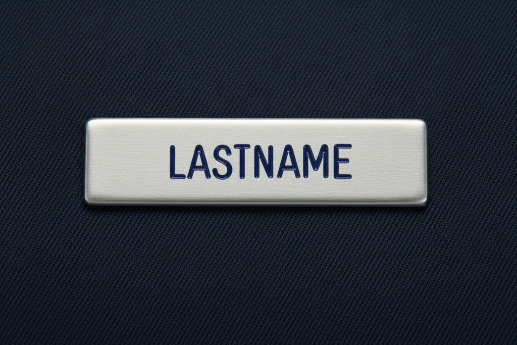 Air Force brushed steel uniform name plate with blue engraved text on service dress uniform