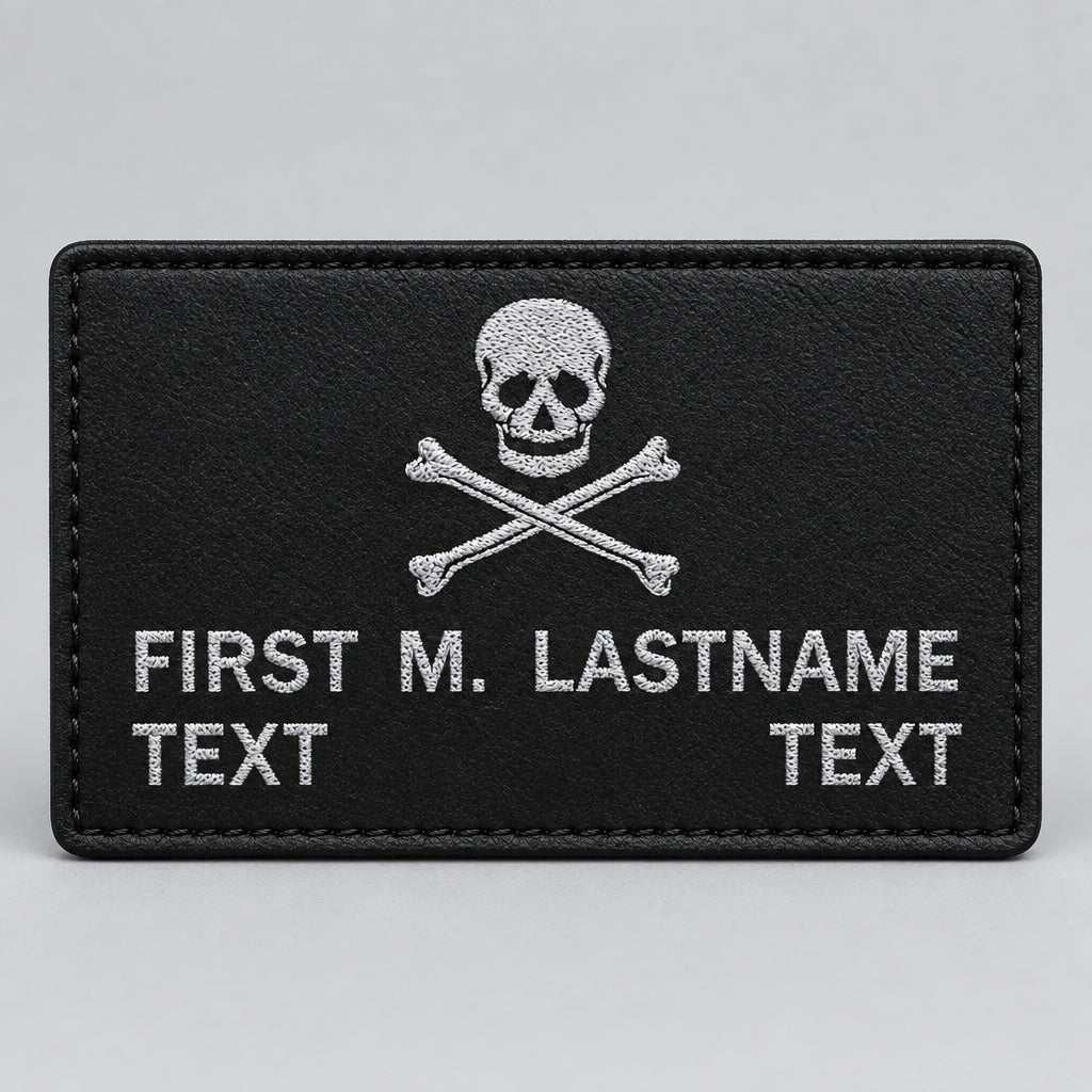 Novelty Black Leather Badges featuring a black leather rectangular patch with skull and crossbones and custom text