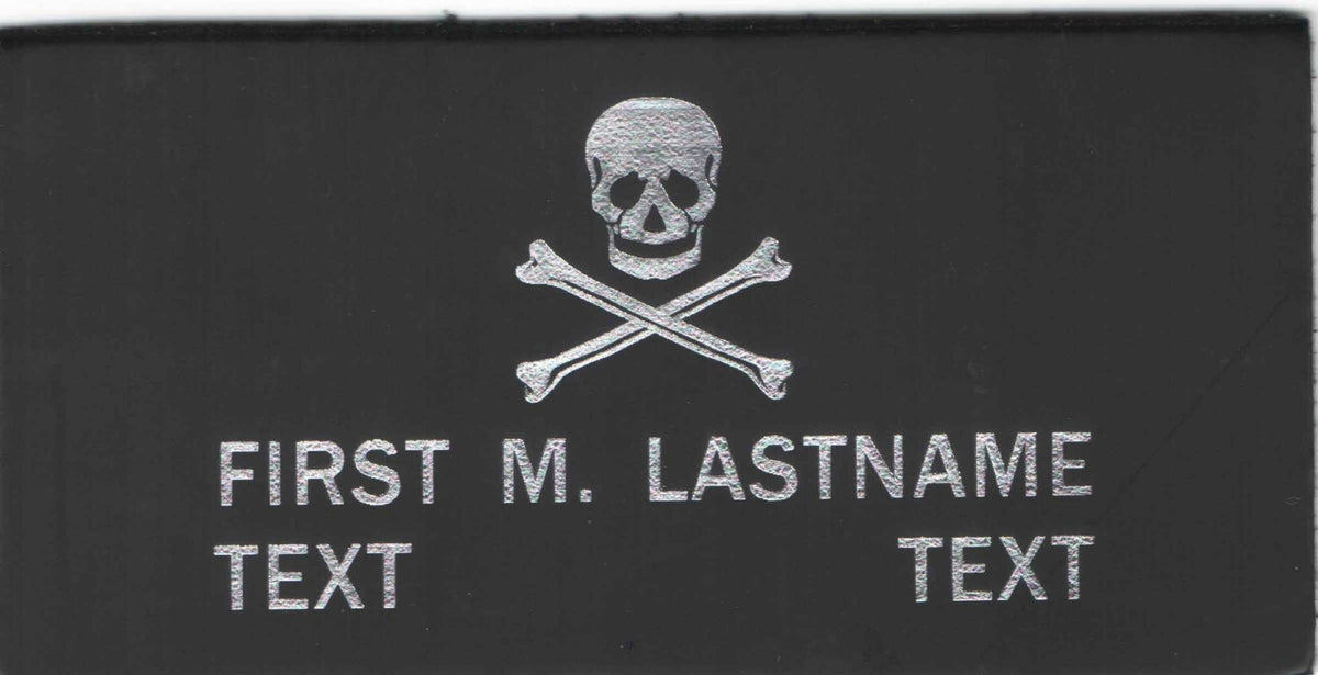 Novelty Black Leather Badges featuring a black rectangular leather patch with skull, crossed bones, and customizable white text