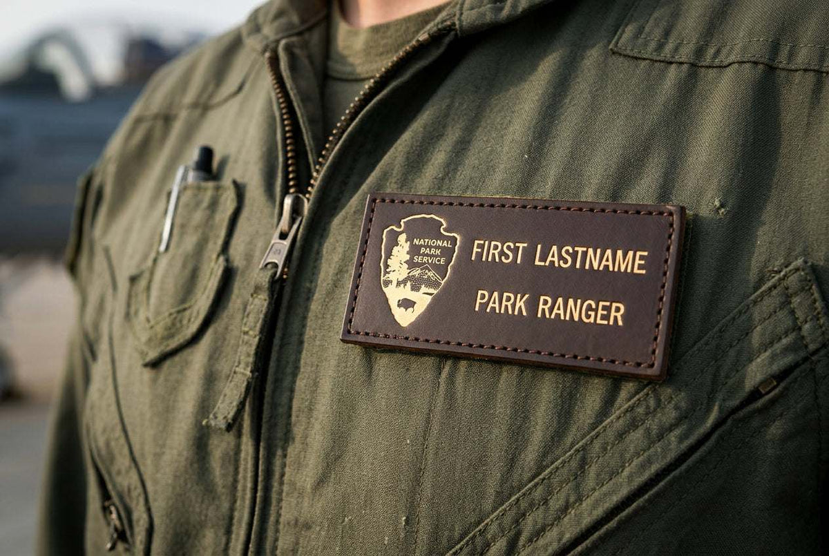 Novelty Brown Leather Badges with brown rectangular leather, stitched borders, and a park ranger name design