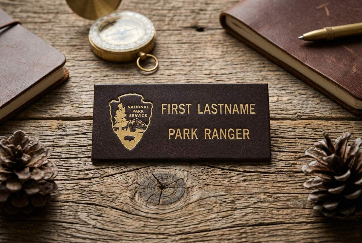 Novelty brown Leather Badges in dark brown leather, featuring a gold park ranger shield and customizable name lettering