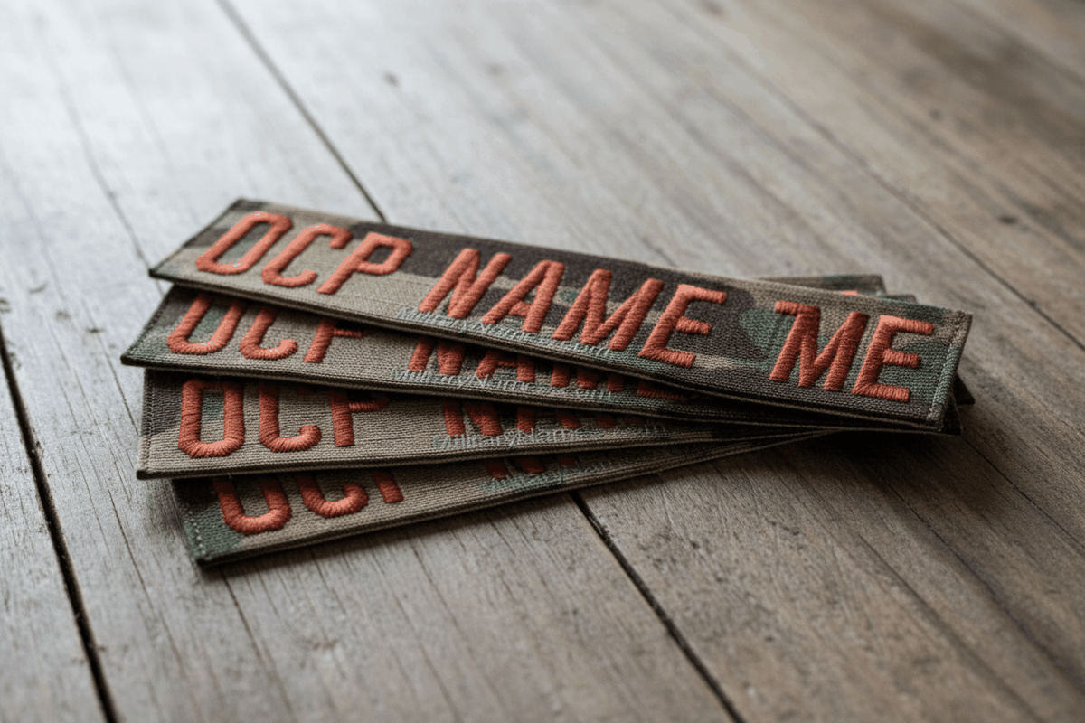 OCP 3-Color Name Tapes with camouflage fabric, Spice Brown embroidered lettering, and hook fastener backing