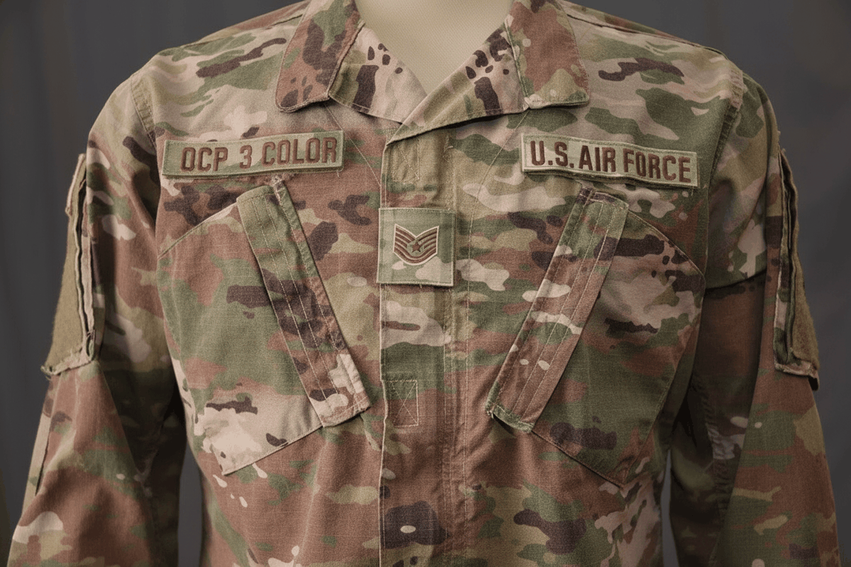 OCP 3-Color Name Tapes in embroidered spice brown thread on a camouflage military uniform