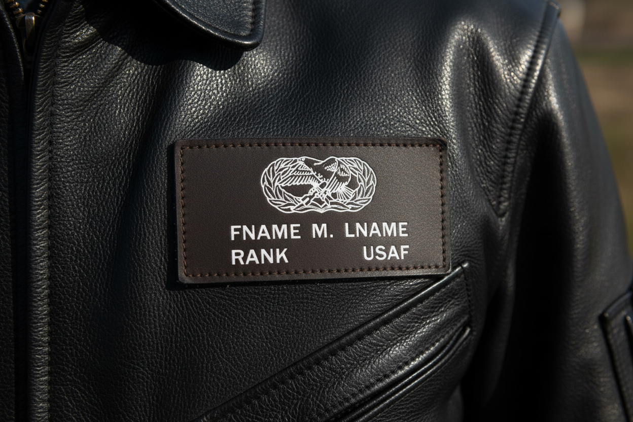 Single Air Force Brown Leather Badge on Black Pilot Jacket