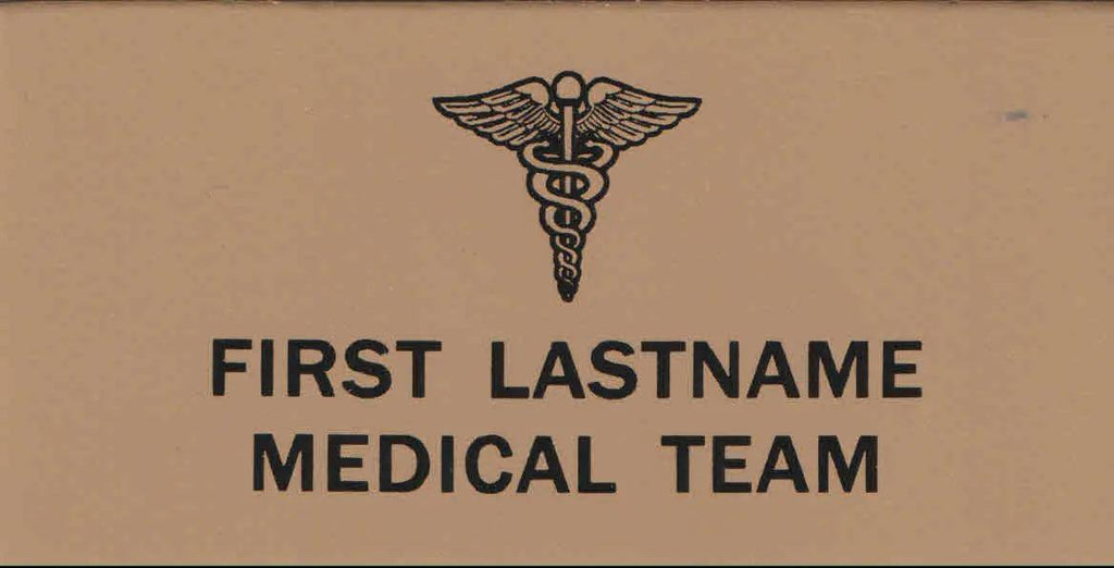 Set of two tan leather Law & EMS badges with crisp police and EMS insignia, handcrafted for durability and real-world wear