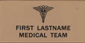 Set of two tan leather Law & EMS badges with crisp police and EMS insignia, handcrafted for durability and real-world wear