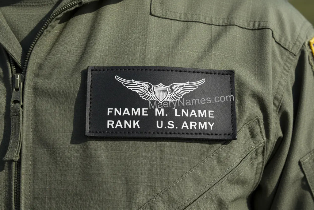 Pair of US Army black leather flight badges with custom stamped text on durable leather
