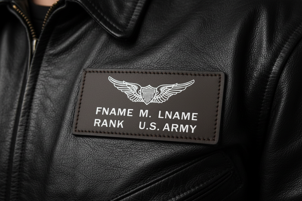 Pair of US Army brown leather flight badges with custom stamped text