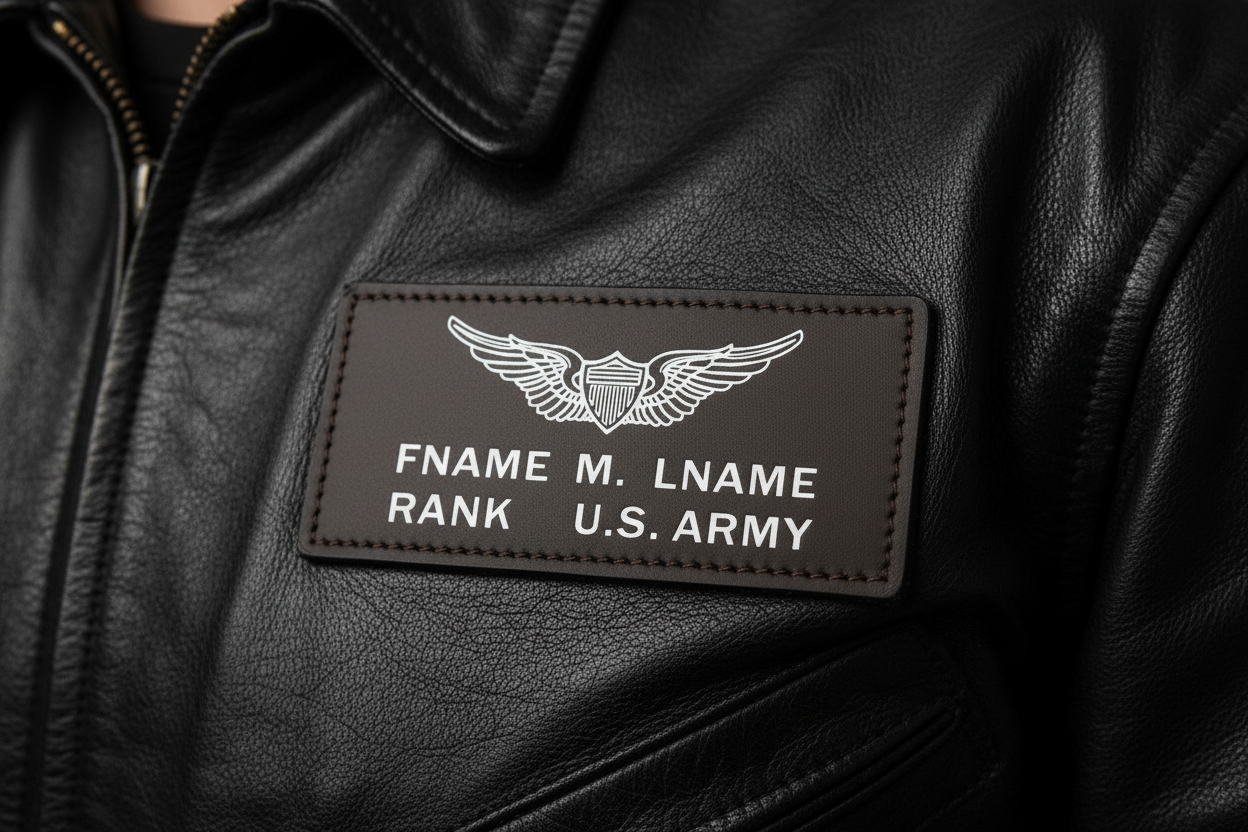 Pair of US Army brown leather flight badges with custom stamped text