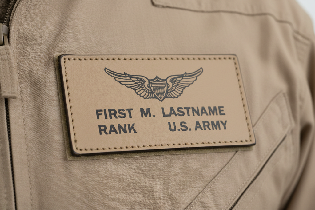 Custom US Army tan leather flight badges stamped with personalized text in matching pair